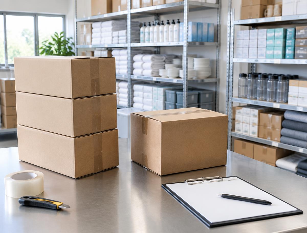 Illustrative wholesale merchandise workspace with plain cartons and organized shelving